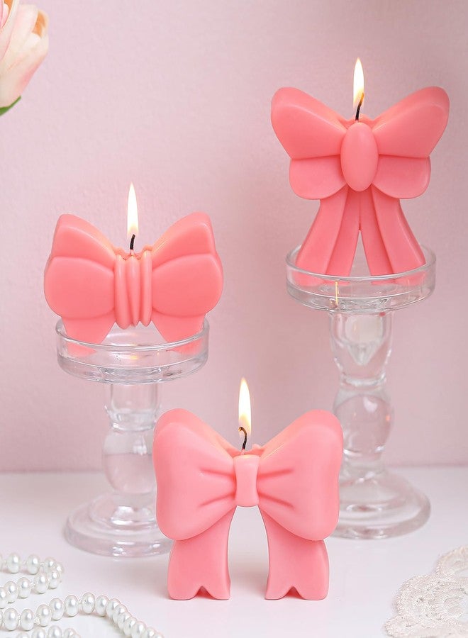 Conelist Set of 3 Pink Bow Candles Centerpiece Tiny Coquette Bow Christmas Tabletop Decor Baby Shower Birthday Candles Set Candlesticks Bachelorette Wedding Valentine's Day Table Centerpiece, 4 Inch - Image 1